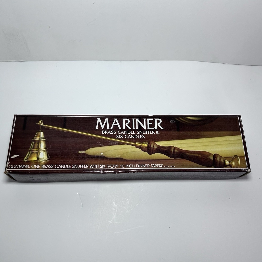 Vintage New Mariner Brass And Wood Candle Snuffer With 6 Ivory Taper Candles